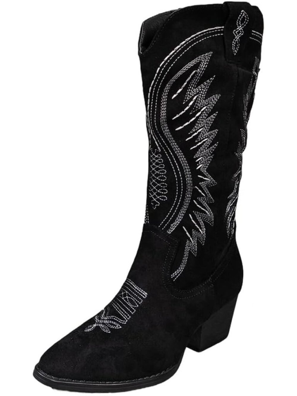 Women's Black Western Cowboy Boots Embroidered Ankle Booties Chunky Block Heel